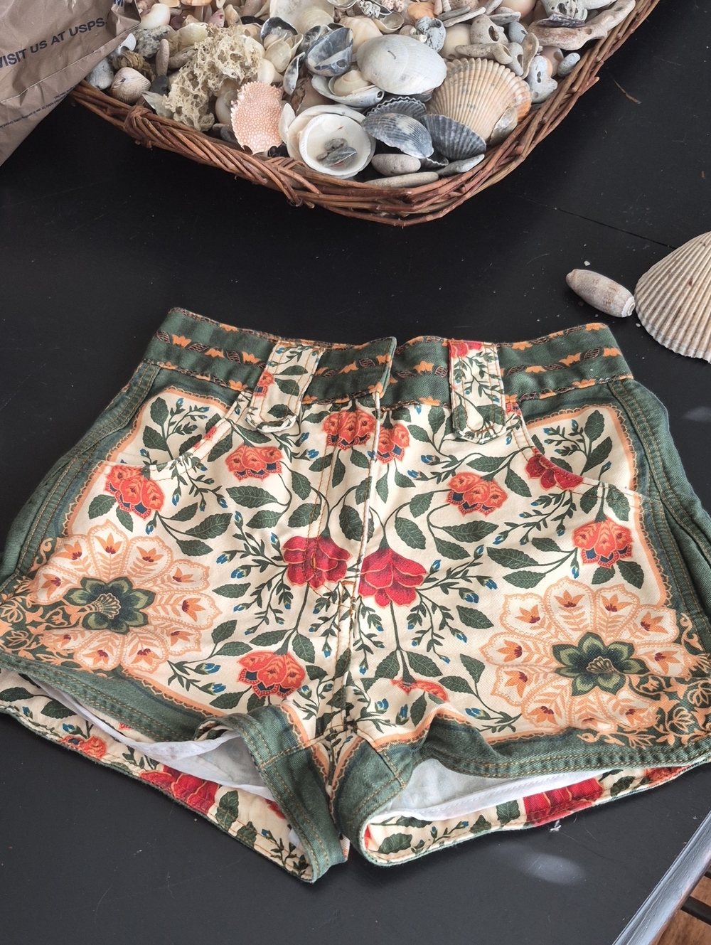 FARM Rio Floral High-Waist Shorts in Cream, Green & Red